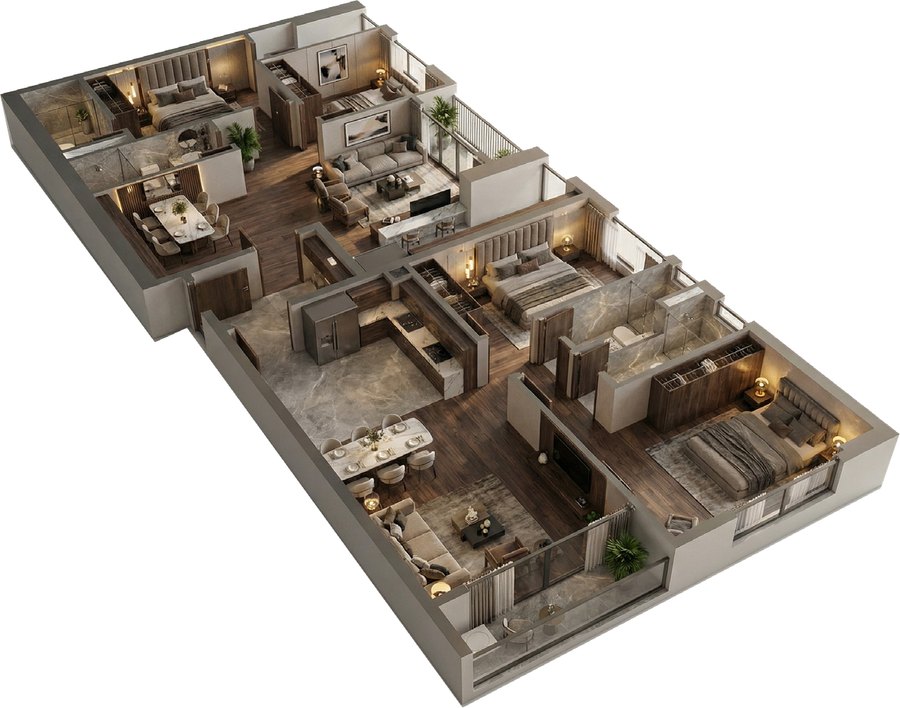 Mặt bằng 3D căn hộ Dual Key 4 phòng ngủ Tuấn Tú Tower